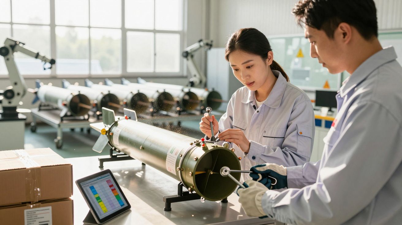 Para techników w białych fartuchach pracuje przy dużej metalowej rurze na stole warsztatowym. W tle maszyny przemysłowe.