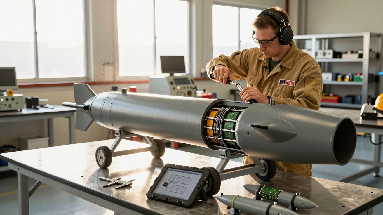 Mężczyzna w laboratoryjnym fartuchu pracuje przy rozbrojeniu bomby na stole warsztatowym.