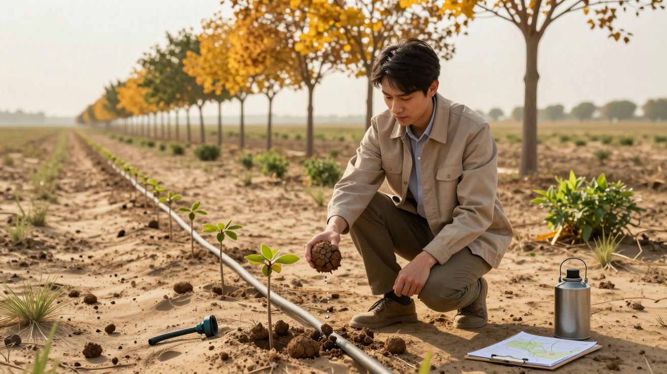 Mężczyzna w polu bada glebę obok młodych sadzonek, w tle rząd drzew z żółtymi liśćmi.