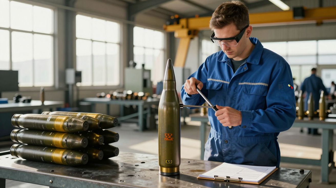 Mężczyzna w kombinezonie roboczym pracujący przy dużej amunicji w warsztacie, obok leży stos pocisków.