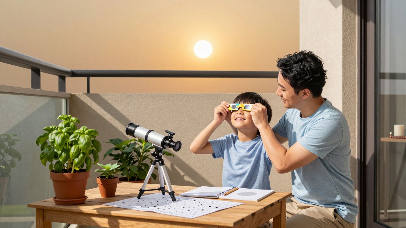 Mężczyzna zakłada chłopcu okulary do oglądania Słońca na balkonie z teleskopem i roślinami.