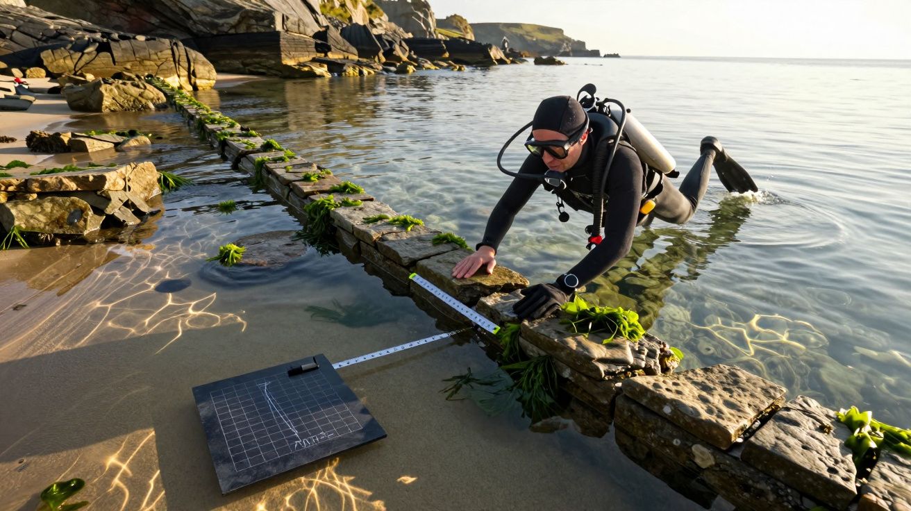 Nurek w sprzęcie do nurkowania mierzy wystające kamienie na płytkiej wodzie przy brzegu morza, w jasnym słońcu.