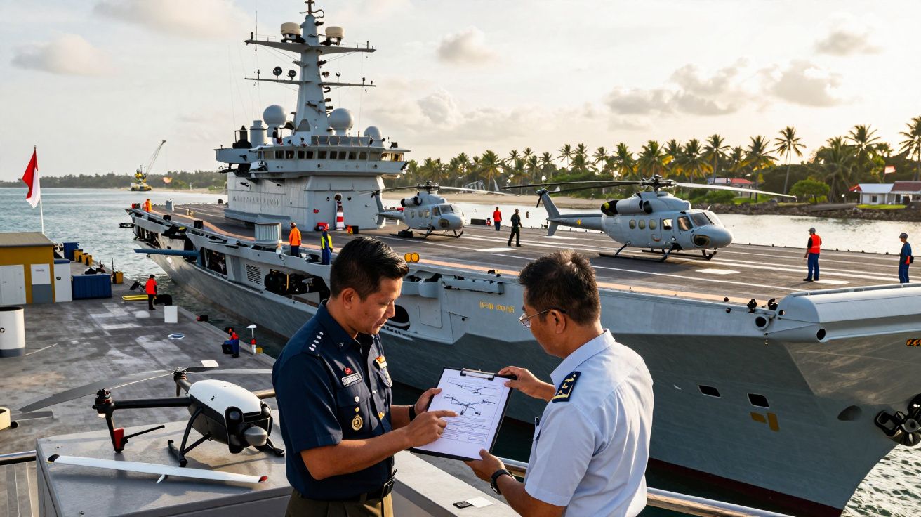 Dwóch oficerów marynarki wojennej omawia dokumenty na tle lotniskowca z helikopterami na pokładzie.