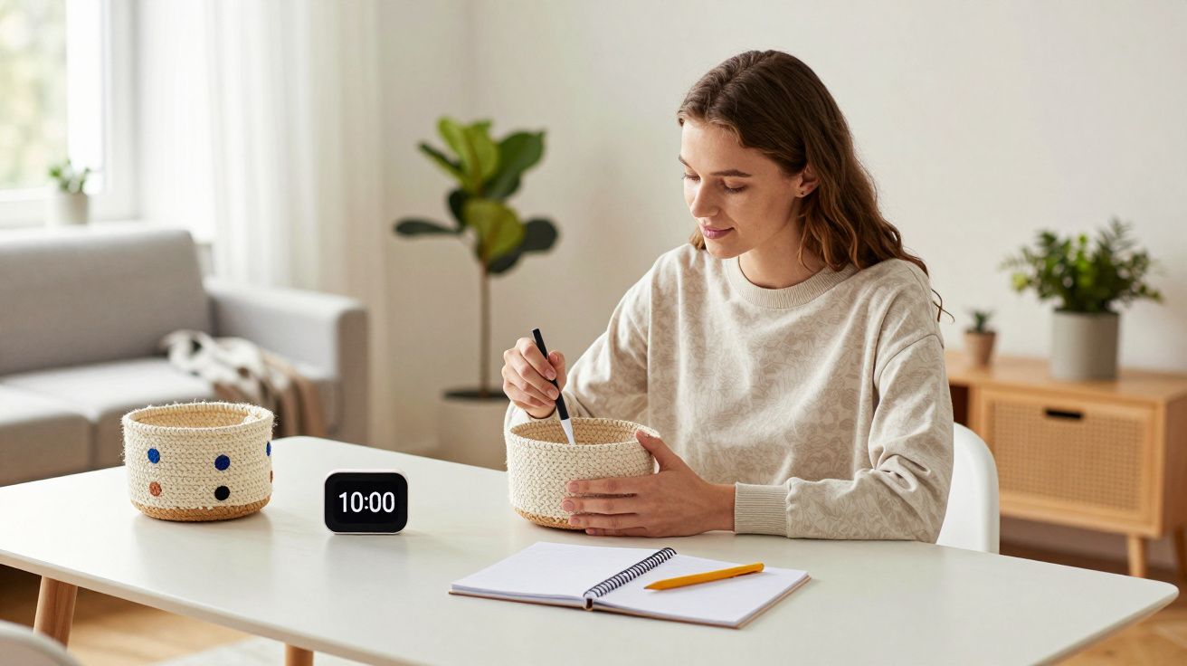 Kobieta siedzi przy stole z notesem i długopisem, trzyma koszyk. Obok zegar elektroniczny pokazujący godzinę 10:00.