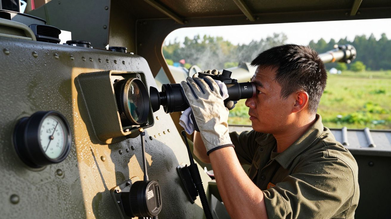 Mężczyzna w mundurze patrzy przez lornetkę na pokładzie wojskowego pojazdu, w tle zielone pole.
