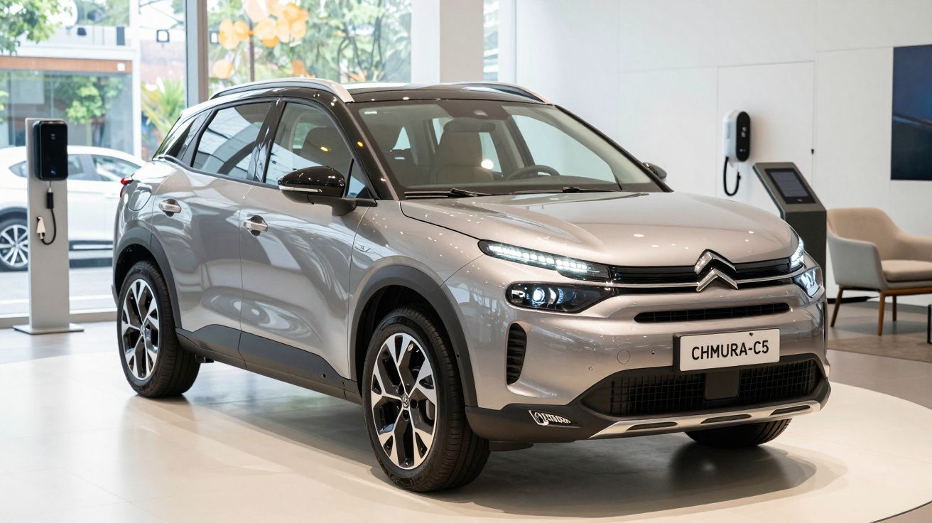 Srebrny SUV Citroën C5 w salonie samochodowym, widok z przodu i z boku.