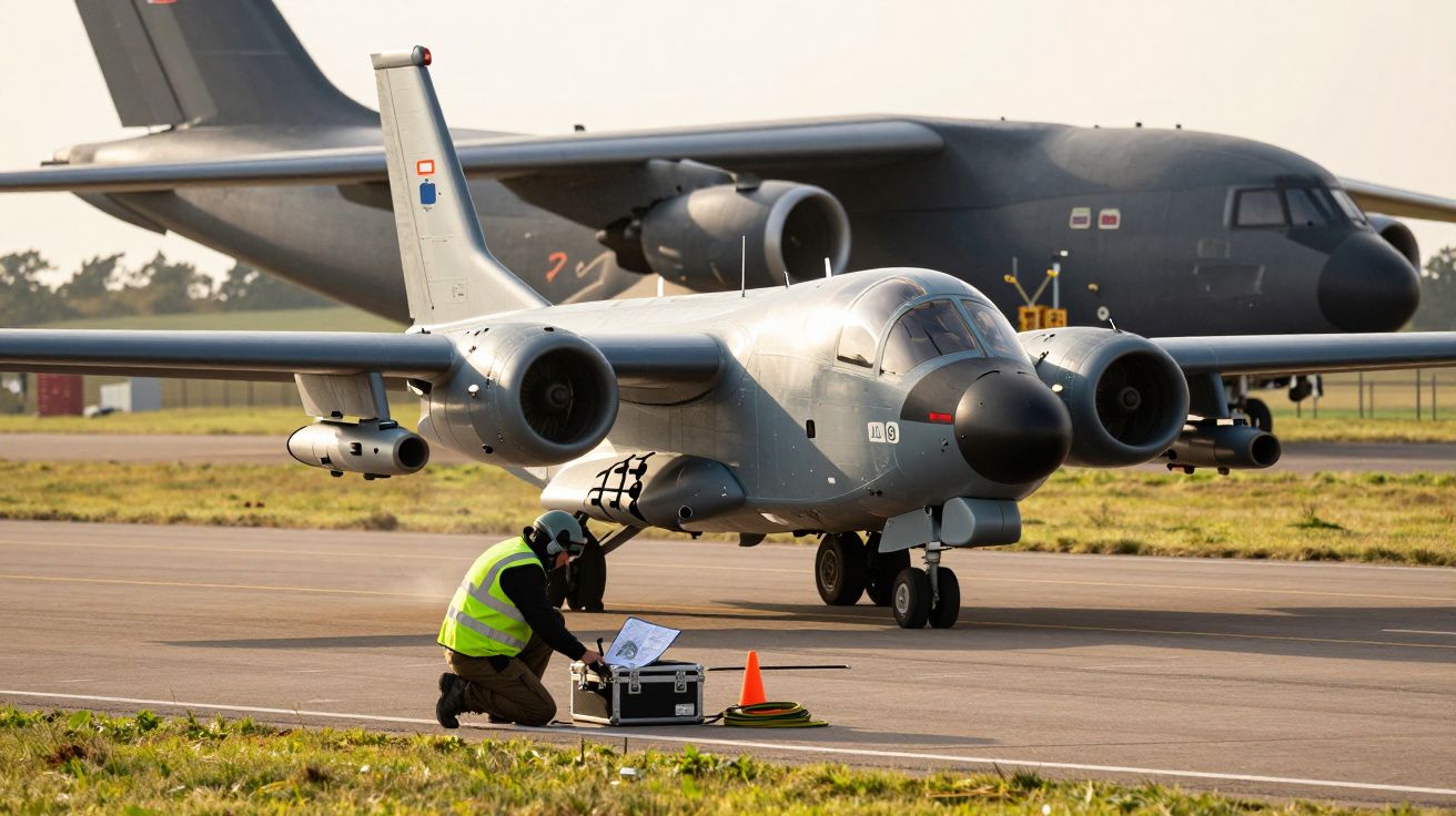 Samolot wojskowy na pasie startowym, pracownik w kamizelce odblaskowej obsługuje sprzęt na lotnisku.
