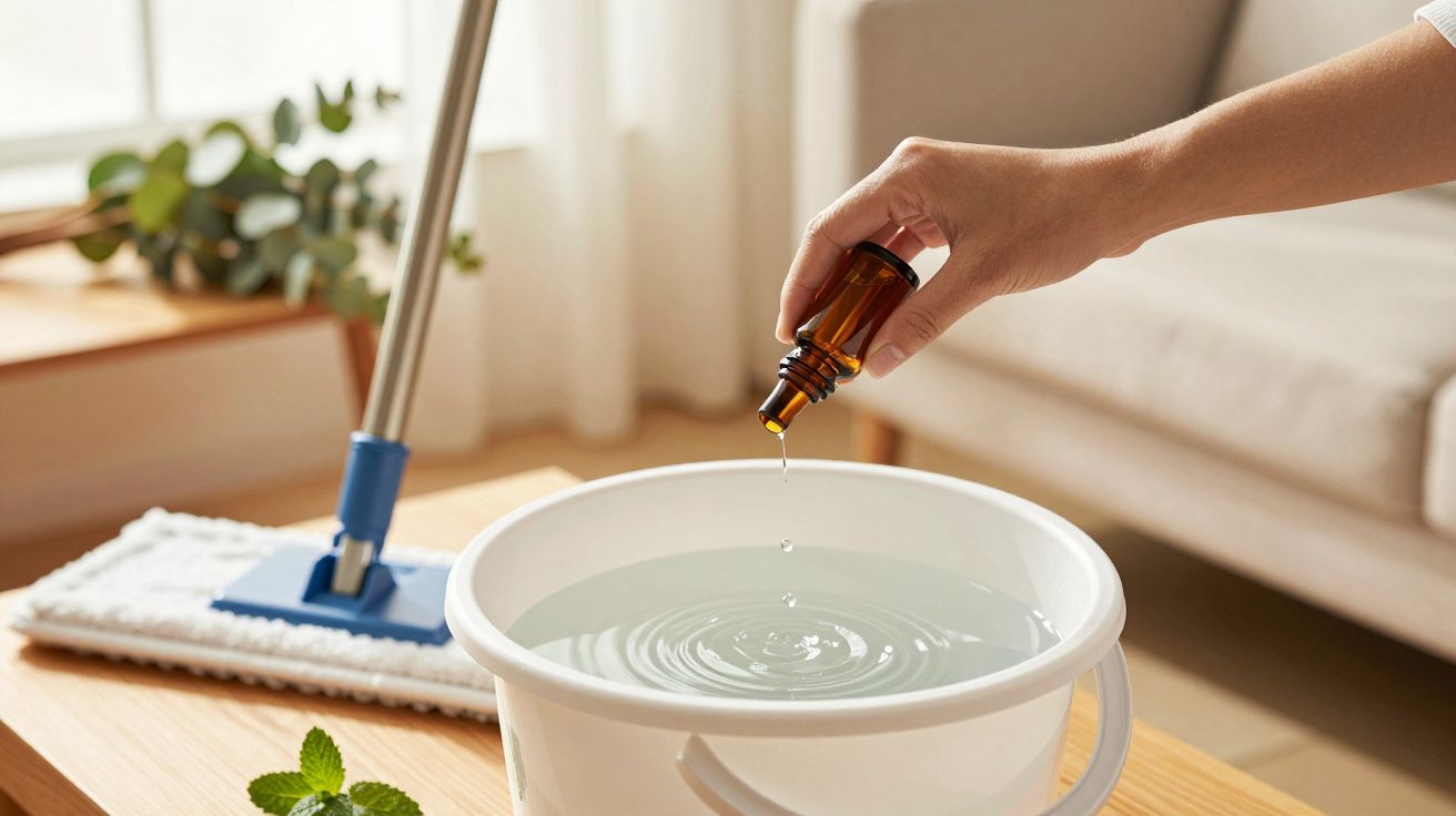 Ręka wlewa olejek eteryczny do wiadra z wodą na stole obok mopa i zielonej rośliny.