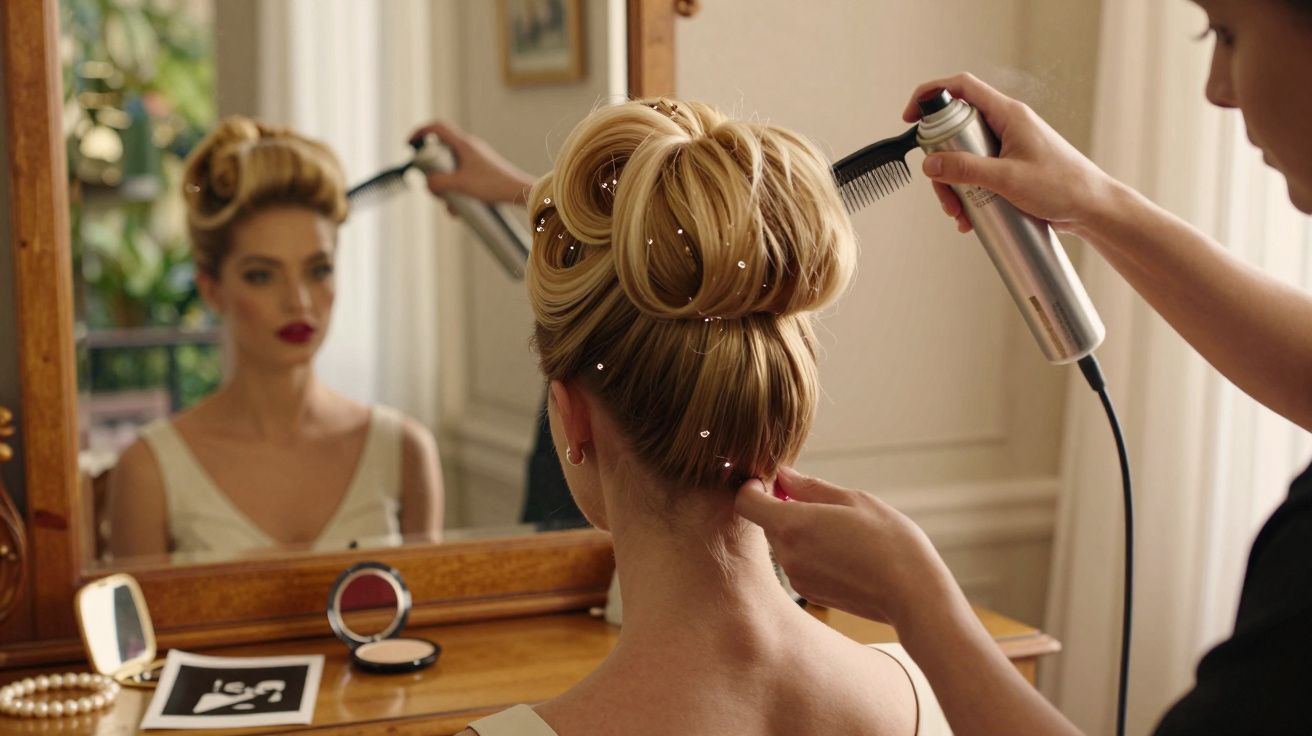 Kobieta z eleganckim upięciem włosów patrzy w lustro, fryzjer używa lakieru.
