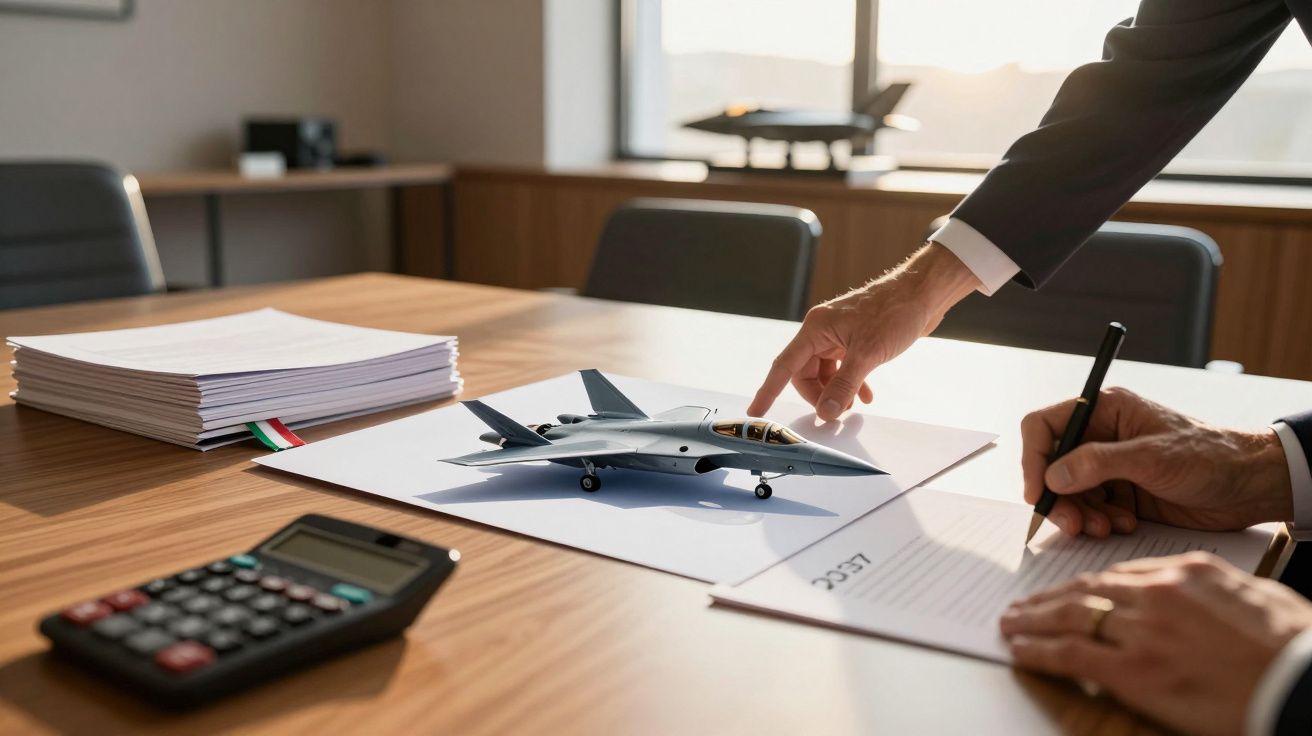 Model samolotu na dokumentach na biurku, ręka wskazuje na niego, obok stos papierów, kalkulator i podpisująca osoba.