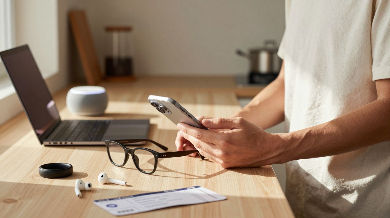 Osoba trzymająca smartfon przy biurku z laptopem, okularami, słuchawkami i biletem lotniczym.