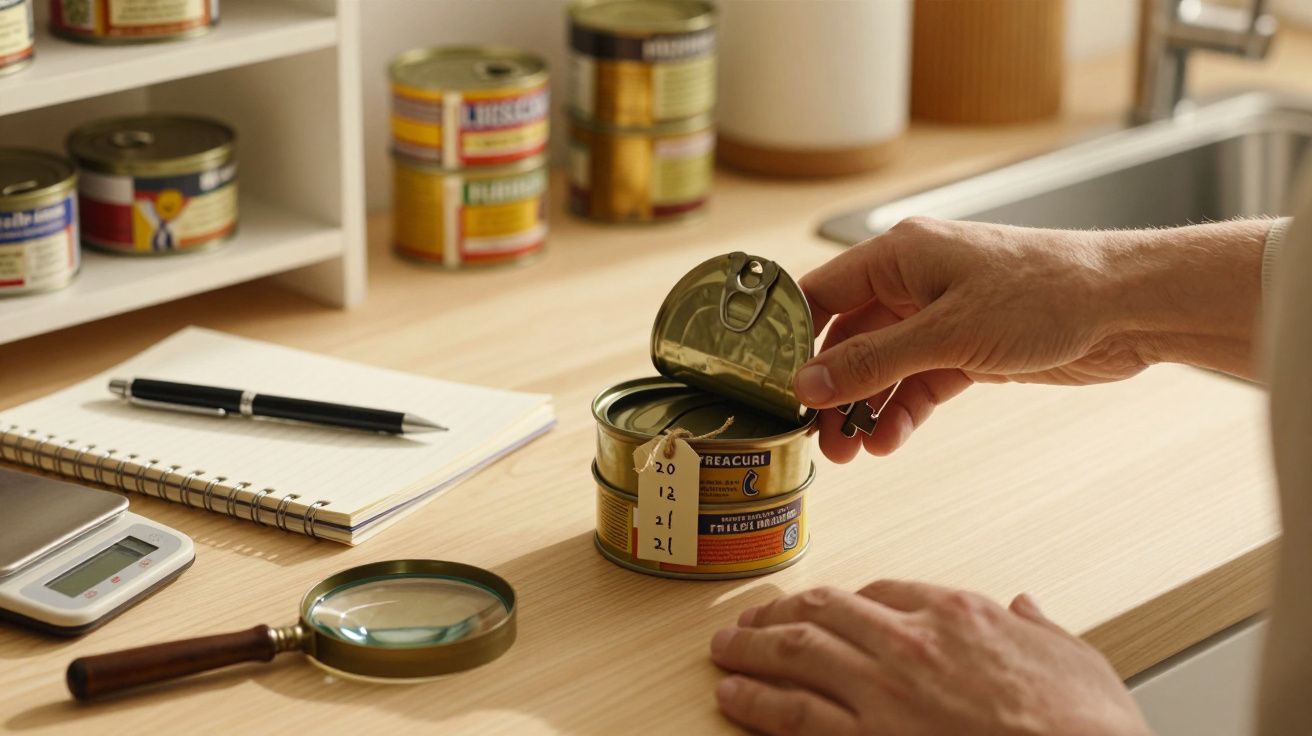 Osoba otwierająca puszkę z sardynkami na blacie kuchennym, obok notatnik, lupa i kalkulator.