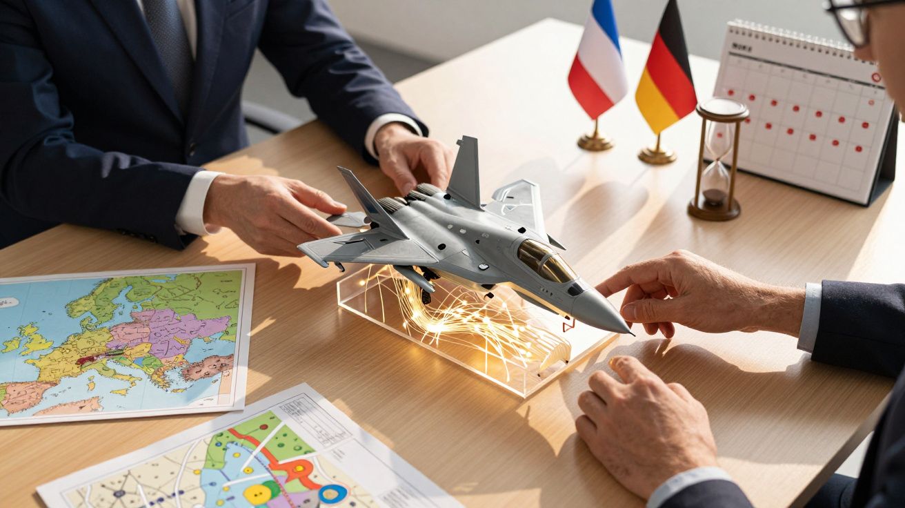 Model samolotu wojskowego na biurku, przy którym siedzą dwie osoby. Na stole mapy, flagi Francji i Niemiec.