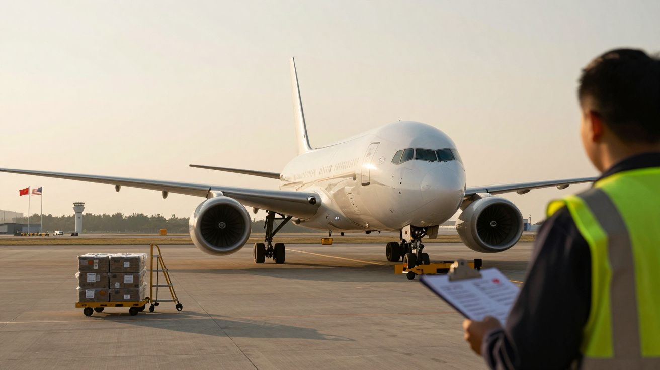 Samolot na pasie startowym, widziany od przodu. Pracownik w odblaskowej kamizelce z clipboardem na pierwszym planie.