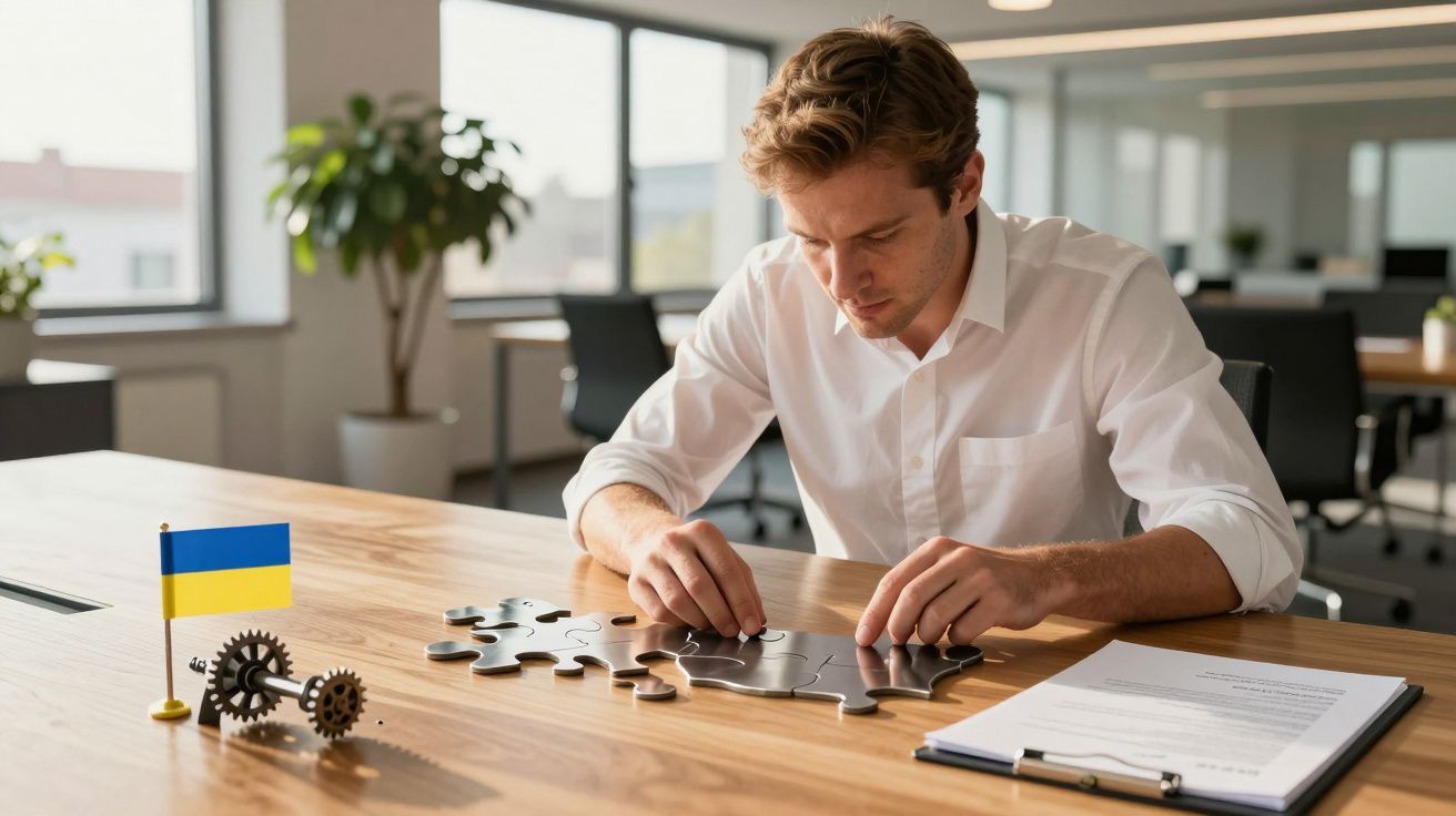 Mężczyzna w biurze składa puzzle na stole, obok flaga Ukrainy i dokumenty.