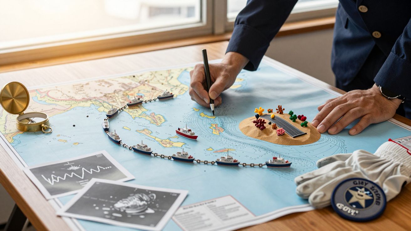 Osoba rysująca na mapie morskiej z miniaturowymi statkami i figurkami, obok rękawiczki i kompas na biurku.