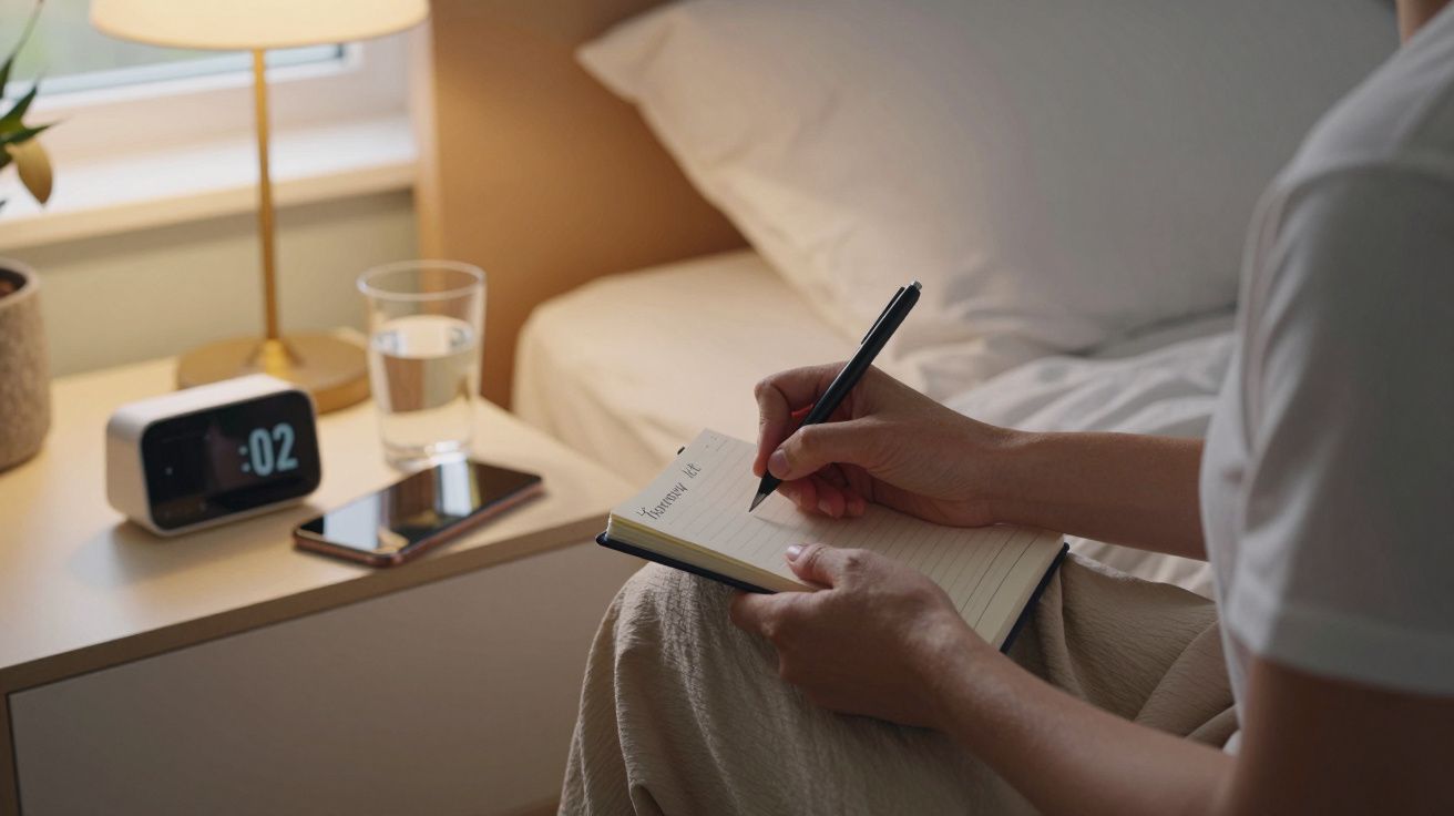 Osoba siedząca na łóżku pisze w notatniku. Na stoliku nocnym stoi szklanka wody, zegar i telefon.
