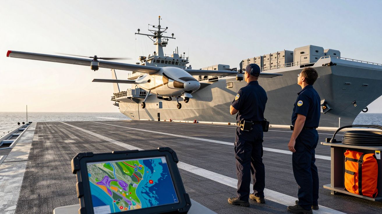 Dwóch marynarzy na pokładzie lotniskowca obserwuje drona pionowego startu i lądowania.