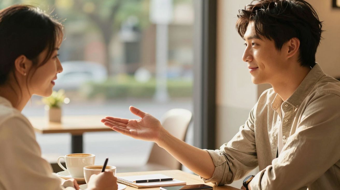 Dwie osoby siedzą przy stoliku w kawiarni, rozmawiając. Na stole leżą notatnik i filiżanki z kawą.