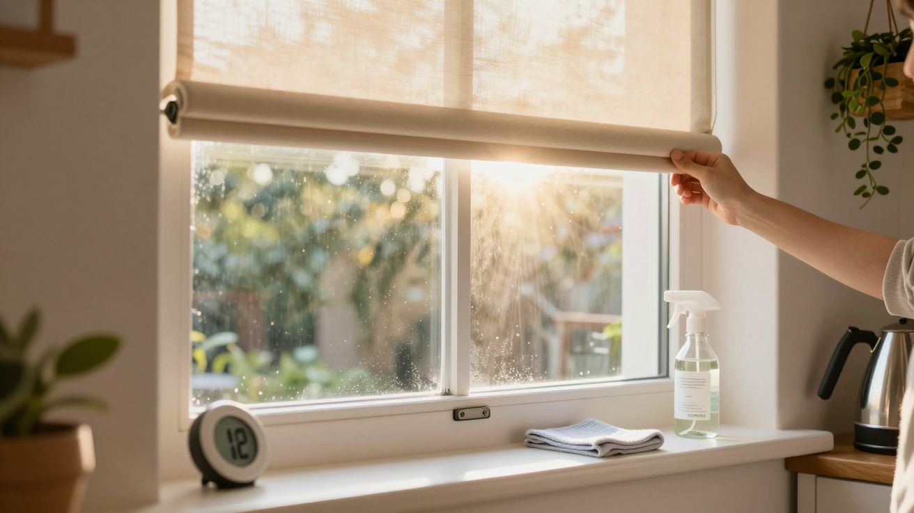 Osoba podnosi roletę w kuchni, wpuszczając światło słoneczne przez okno z widokiem na ogród.