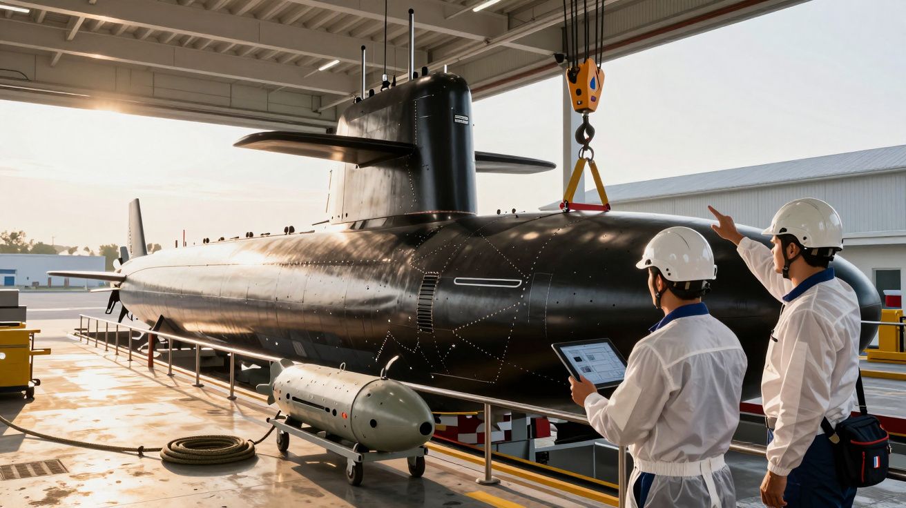 Dwóch inżynierów w białych kaskach nadzoruje budowę czarnej łodzi podwodnej w hangarze oświetlonym słonecznym światłem.