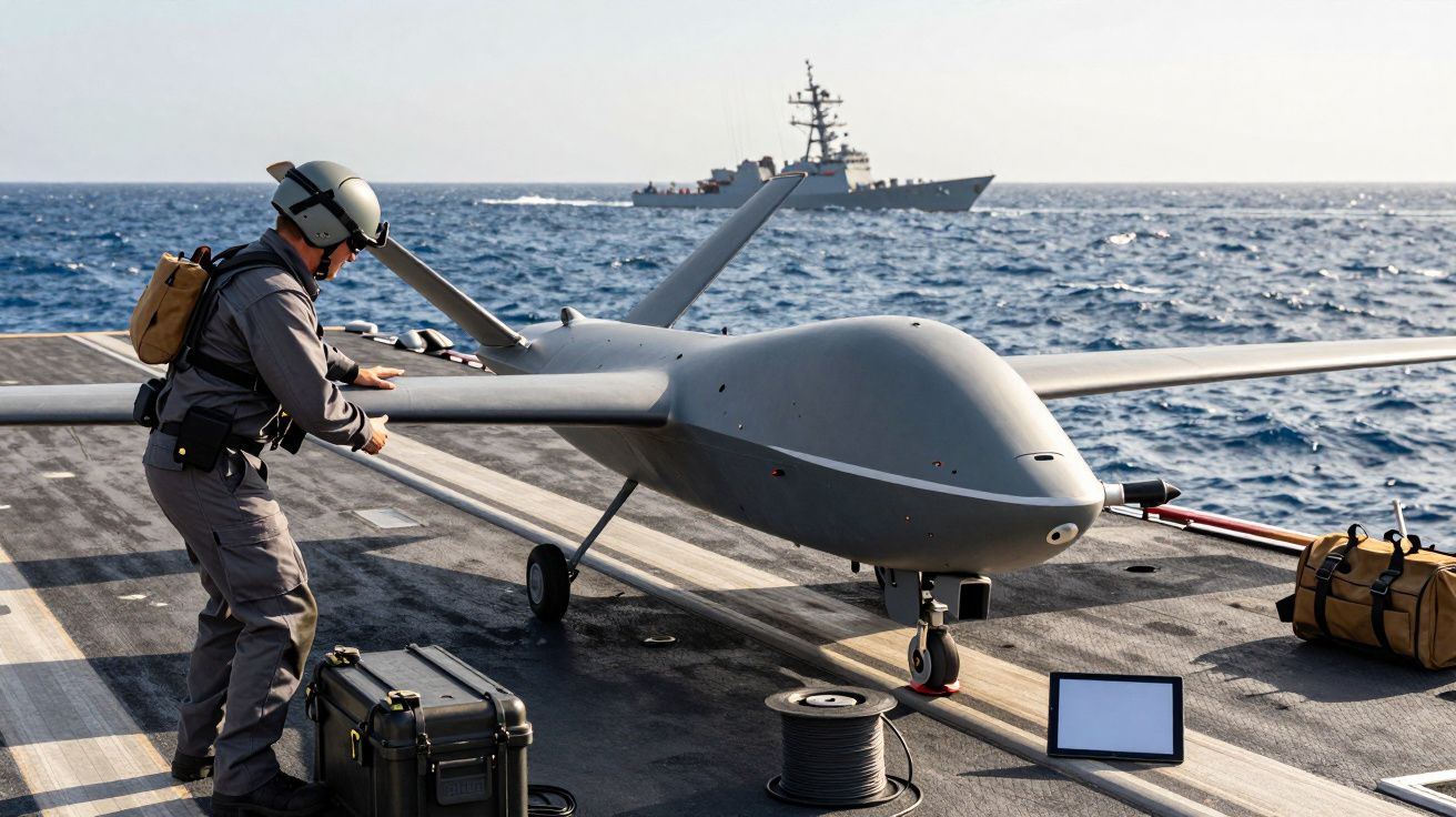 Osoba obsługująca drona na pokładzie statku, w tle widoczny okręt wojenny na morzu.