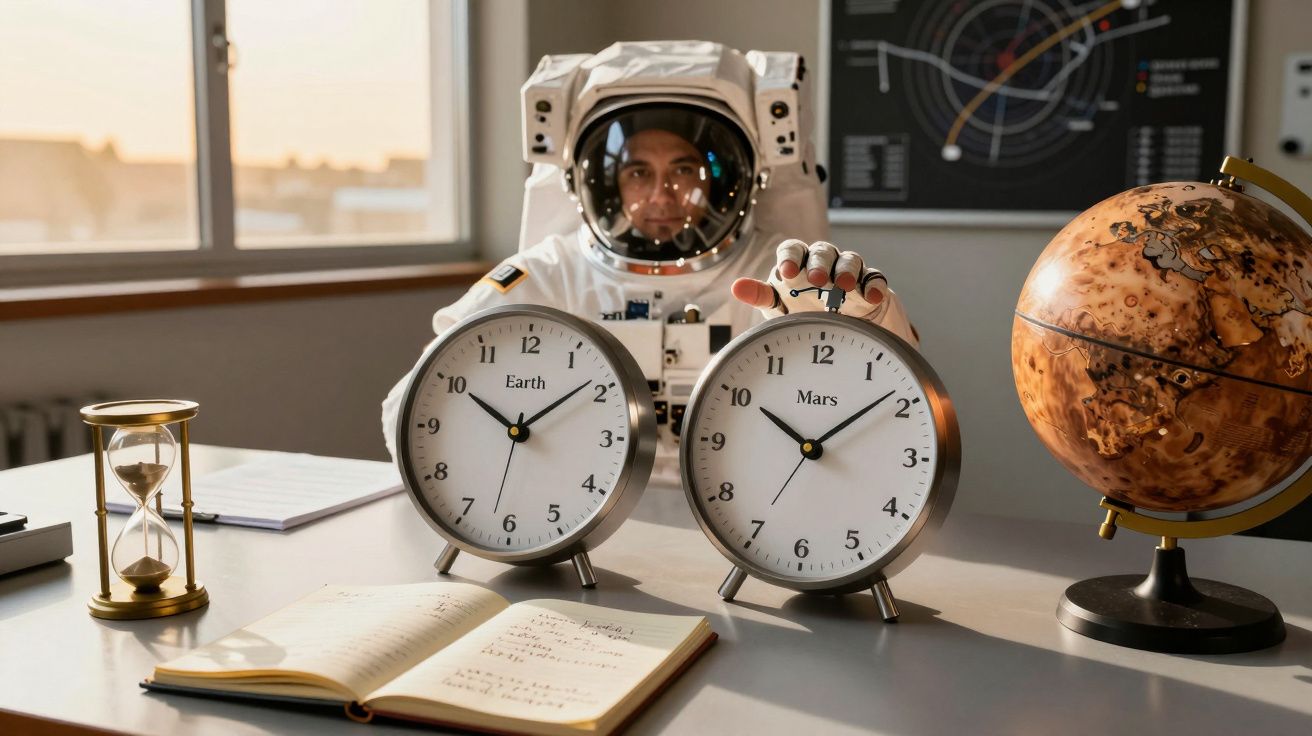 Astronaut w skafandrze przy biurku z zegarami Ziemi i Marsa, klepsydrą, globusem Marsa i otwartym notatnikiem.