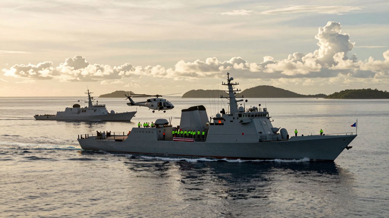 Dwa okręty marynarki wojennej na morzu, na jednym ląduje helikopter, na pokładach widać marynarzy w żółtych kamizelkach.