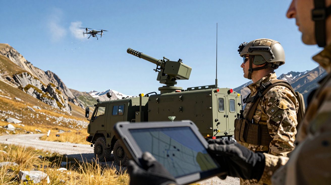 Żołnierze obsługujący dron i pojazd wojskowy z armatą w górzystym terenie przy użyciu tabletu.