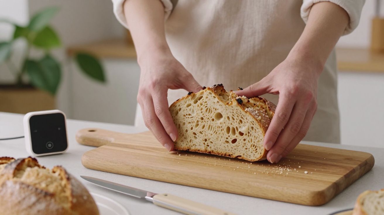 Osoba kroi chleb na desce w kuchni, obok stoi kamera.