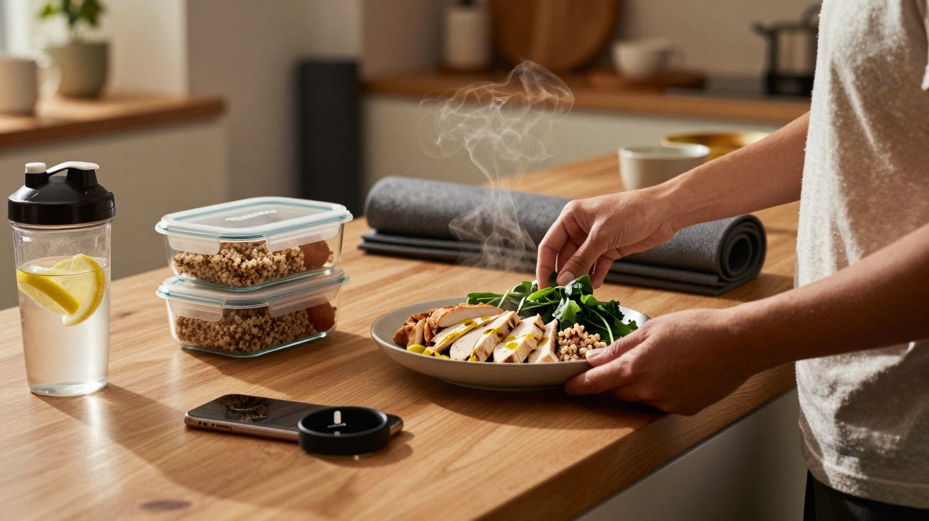 Osoba przy stole przygotowuje zdrowy posiłek z kurczakiem. Obok pojemniki, bidon z cytryną i telefon.