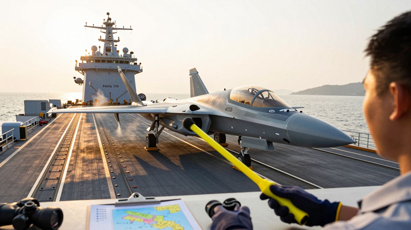 Osoba kieruje myśliwcem startującym z lotniskowca na tle morza o zachodzie słońca.