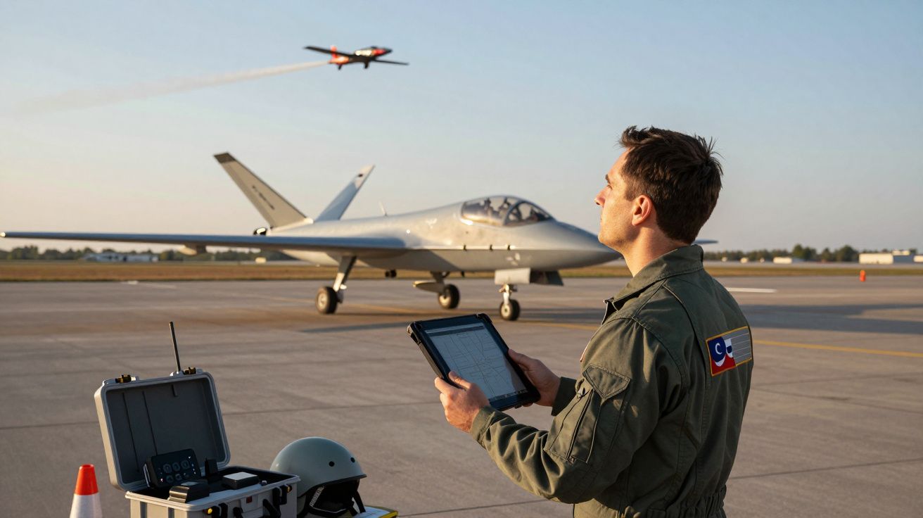 Pilot wojskowy z tabletem steruje samolotem na lotnisku, w tle samolot na niebie.