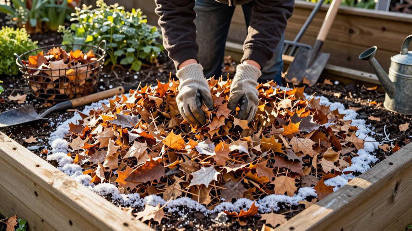 Osoba układająca suche liście na grządce ogrodowej pokrytej warstwą śniegu; w tle narzędzia ogrodowe.