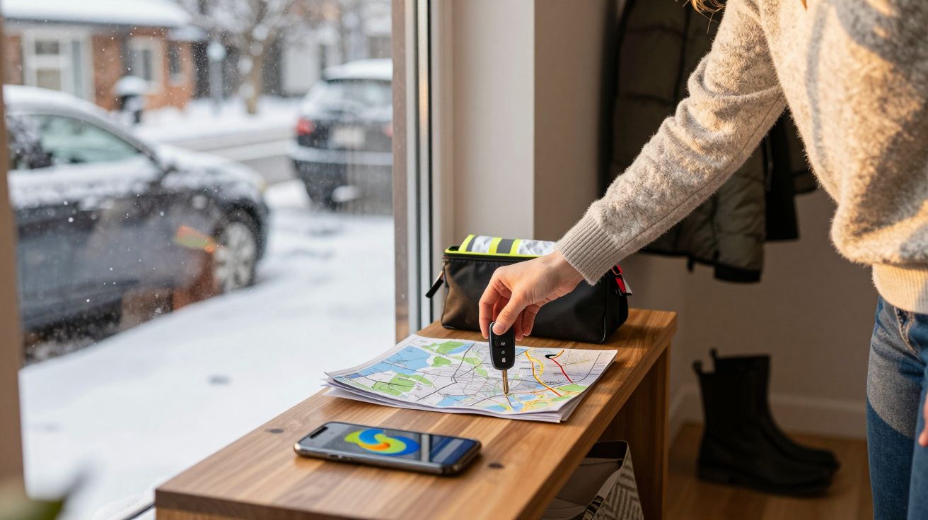 Osoba trzymająca kluczyk samochodowy nad mapą, obok smartfon z aplikacją na stoliku przy oknie, za oknem zima.