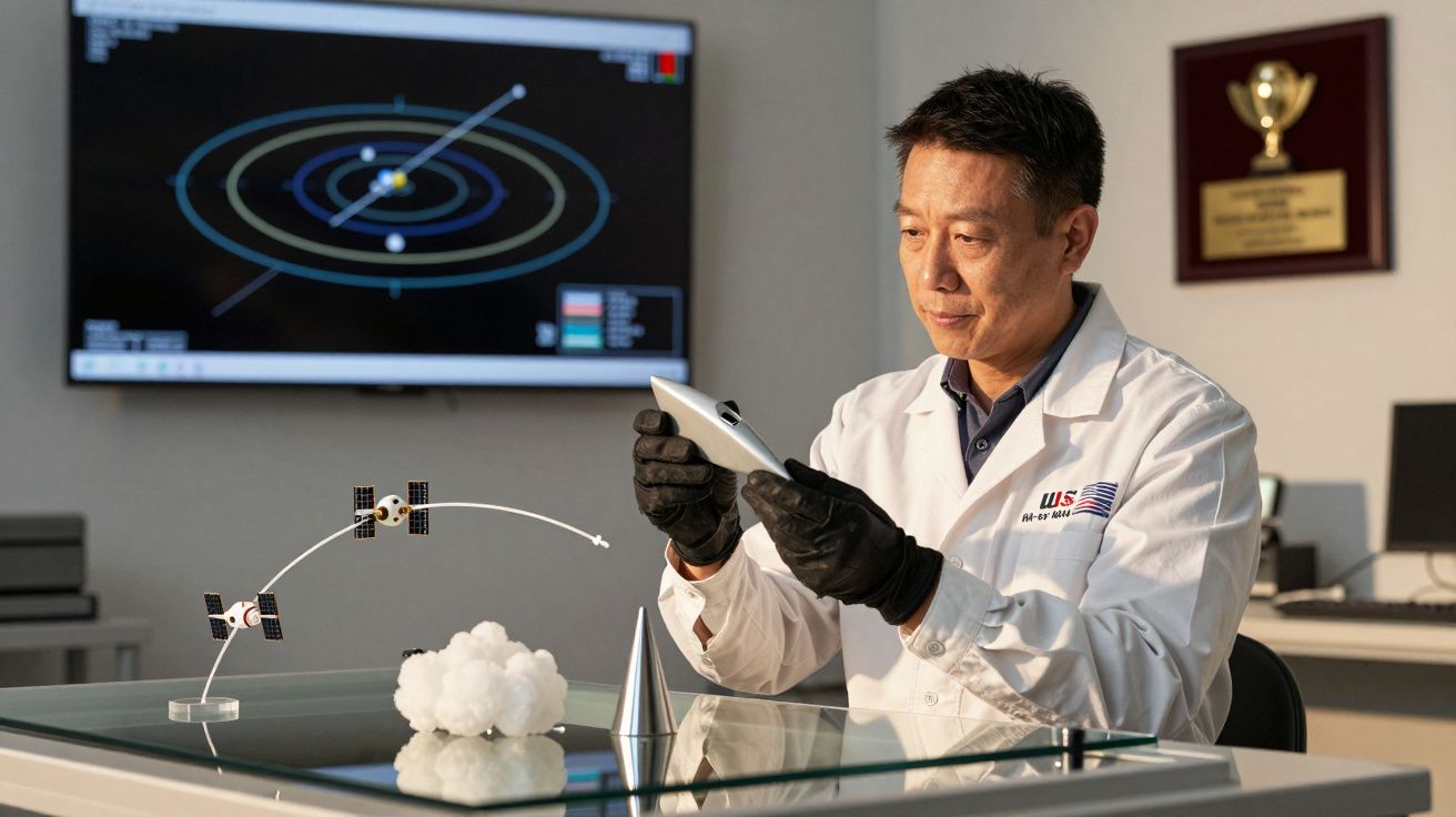 Naukowiec w laboratorium, trzymający tablet. Na stole model satelity, w tle ekran z symulacją układu słonecznego.