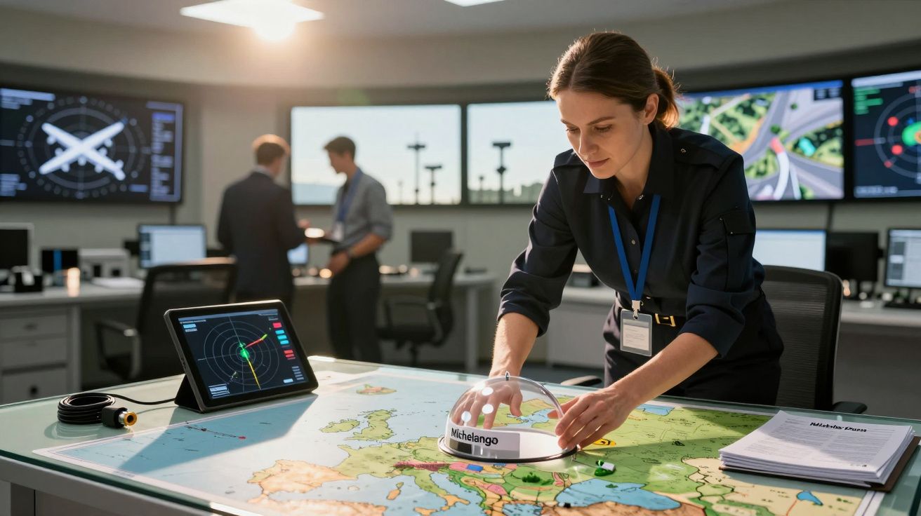 Kobieta pracująca przy mapie w centrum kontroli lotów, analizująca dane. Na ekranach widoczne informacje radarowe.