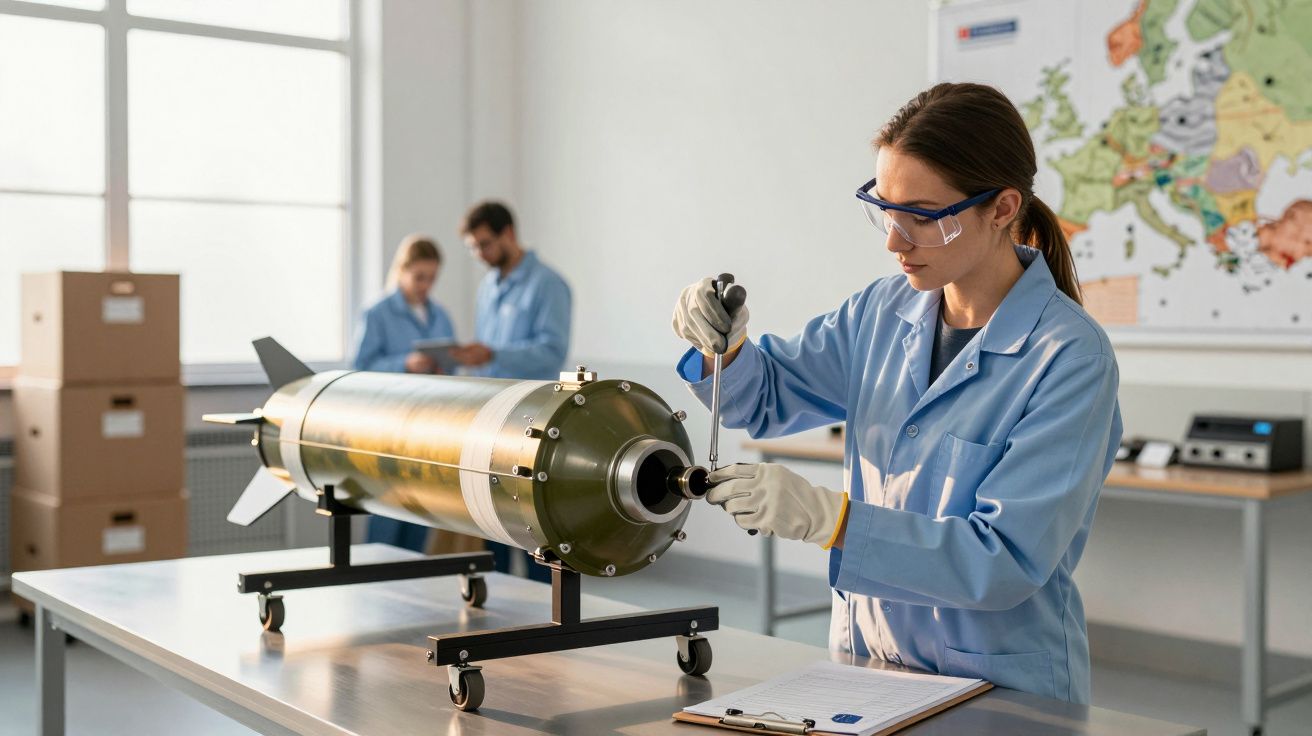 Kobieta w laboratorium pracuje nad komponentem rakiety, ubrana w niebieski fartuch i okulary ochronne.