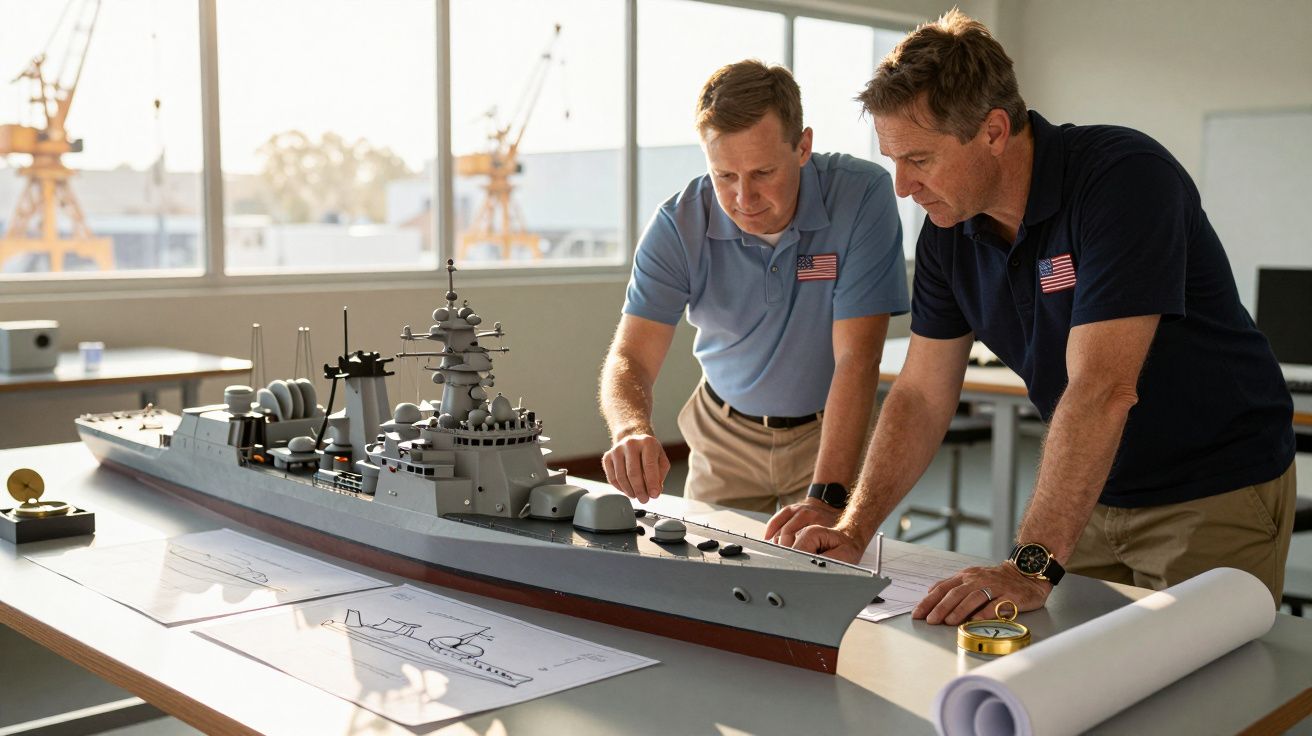 Dwóch mężczyzn analizujących model statku na stole w biurze, z planami architektonicznymi w tle.