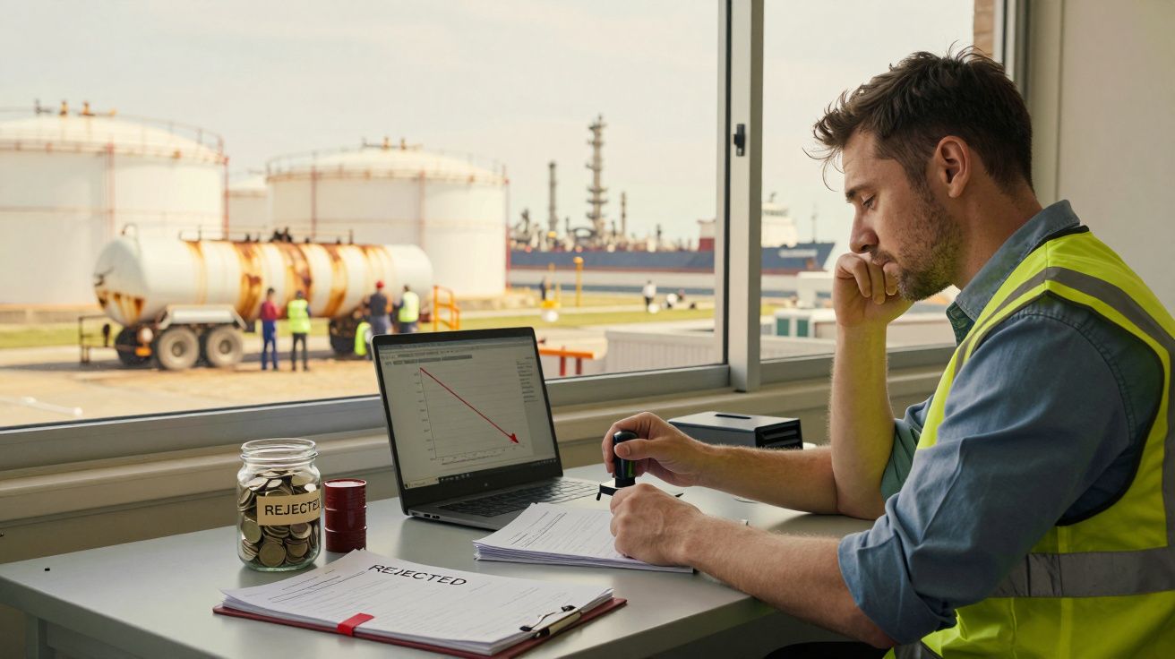 Mężczyzna w kamizelce odblaskowej pracuje przy biurku z laptopem, patrząc przez okno na zbiorniki przemysłowe.
