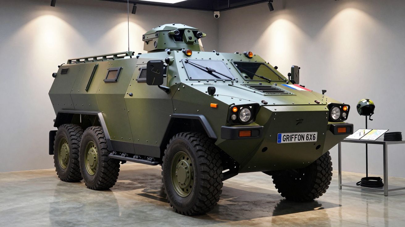 Opancerzony pojazd wojskowy 6x6 w zielonym kolorze stoi na wystawie w pomieszczeniu o nowoczesnym designie.