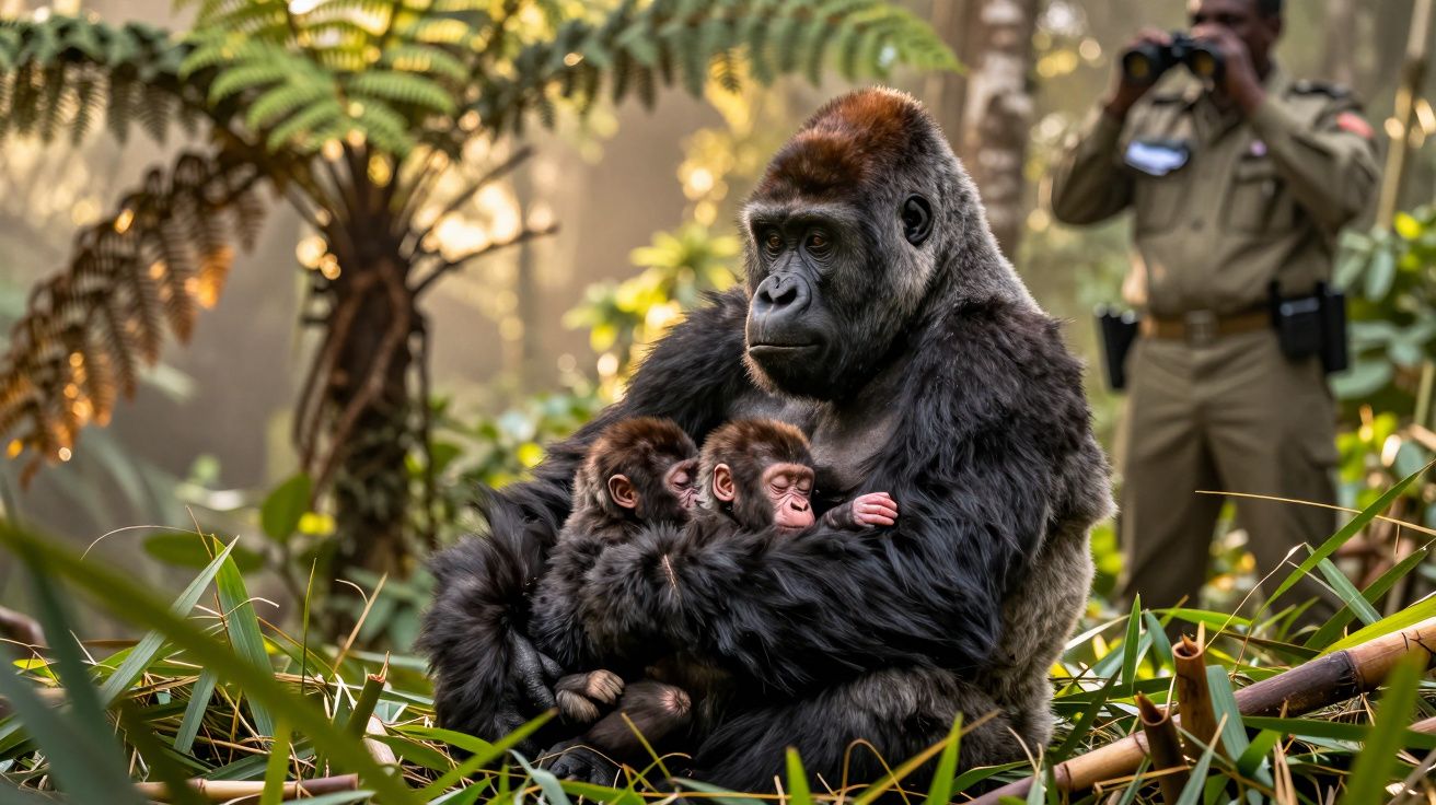 Gorylica z dwoma młodymi w dżungli, w tle strażnik robi zdjęcie.
