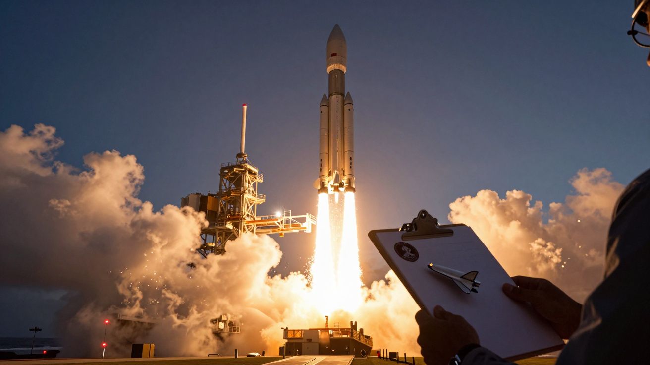 Rakieta startująca z platformy, w tle dym i płomienie, na pierwszym planie osoba z klipbordem.