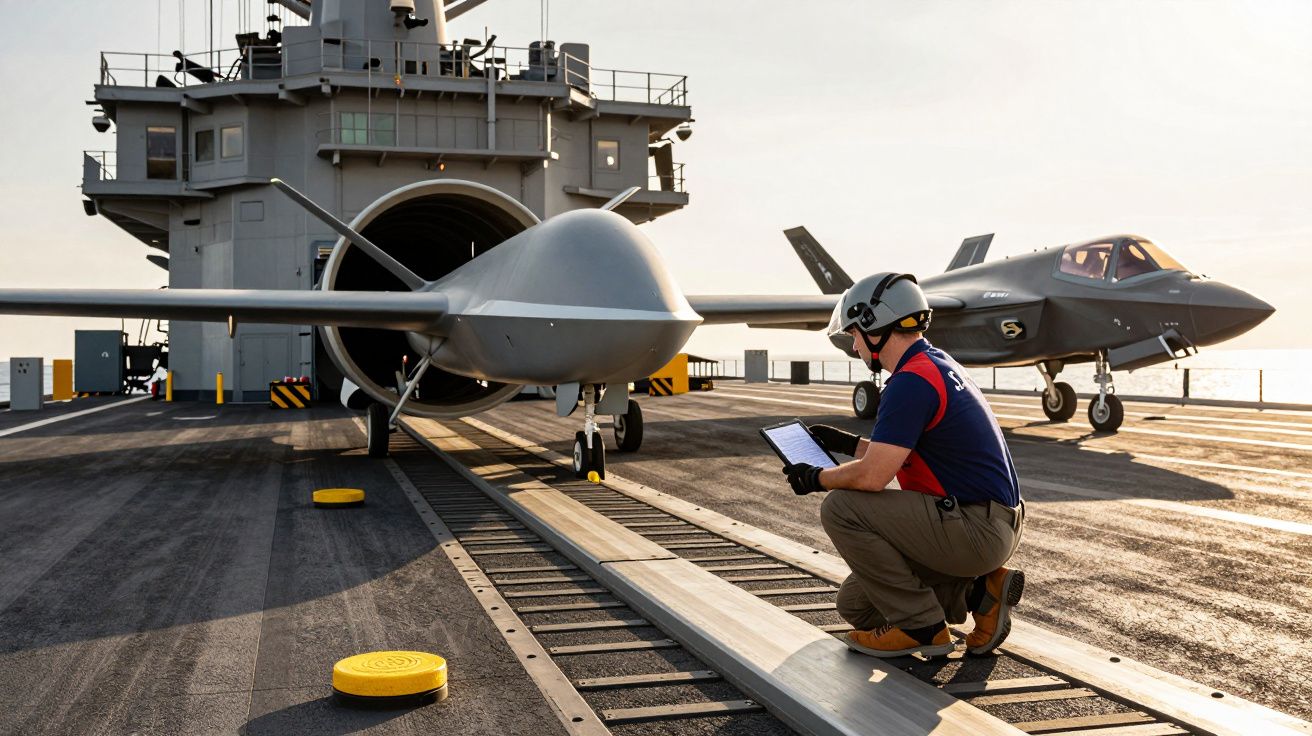 Osoba w hełmie sprawdzająca drona i samolot na pokładzie lotniskowca na morzu.