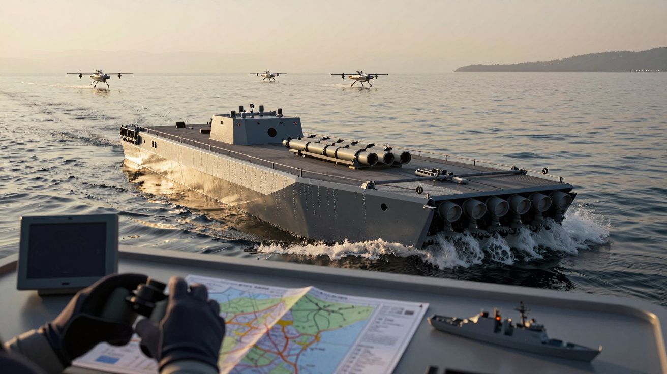 Osoba steruje statkiem z wnętrza, z mapą przed sobą. Na wodzie łódź i trzy hydroplany podążające za nią.