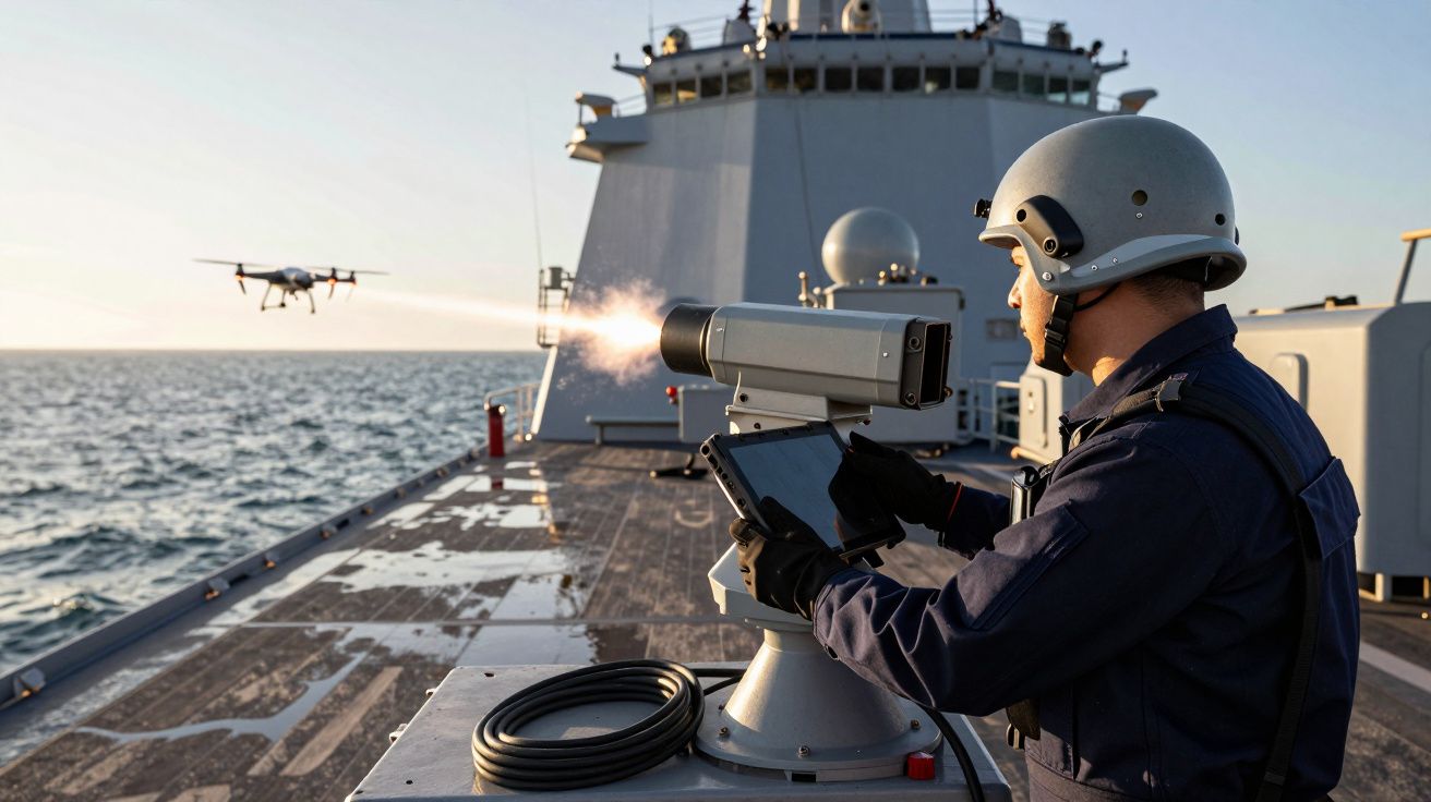 Marynarz na pokładzie statku obserwuje drona, sterując urządzeniem z ekranu dotykowego.