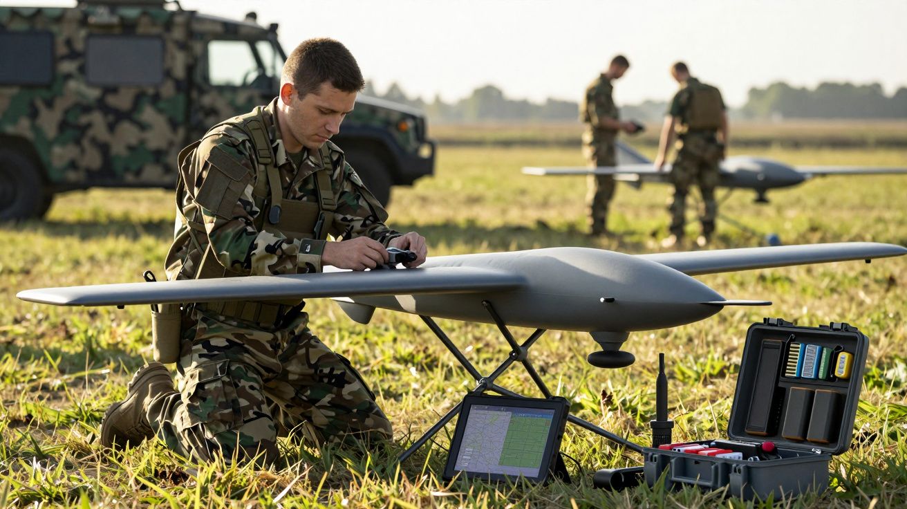 Żołnierz w kamuflażu obsługujący dron na polu, w tle dwaj żołnierze i pojazd wojskowy.