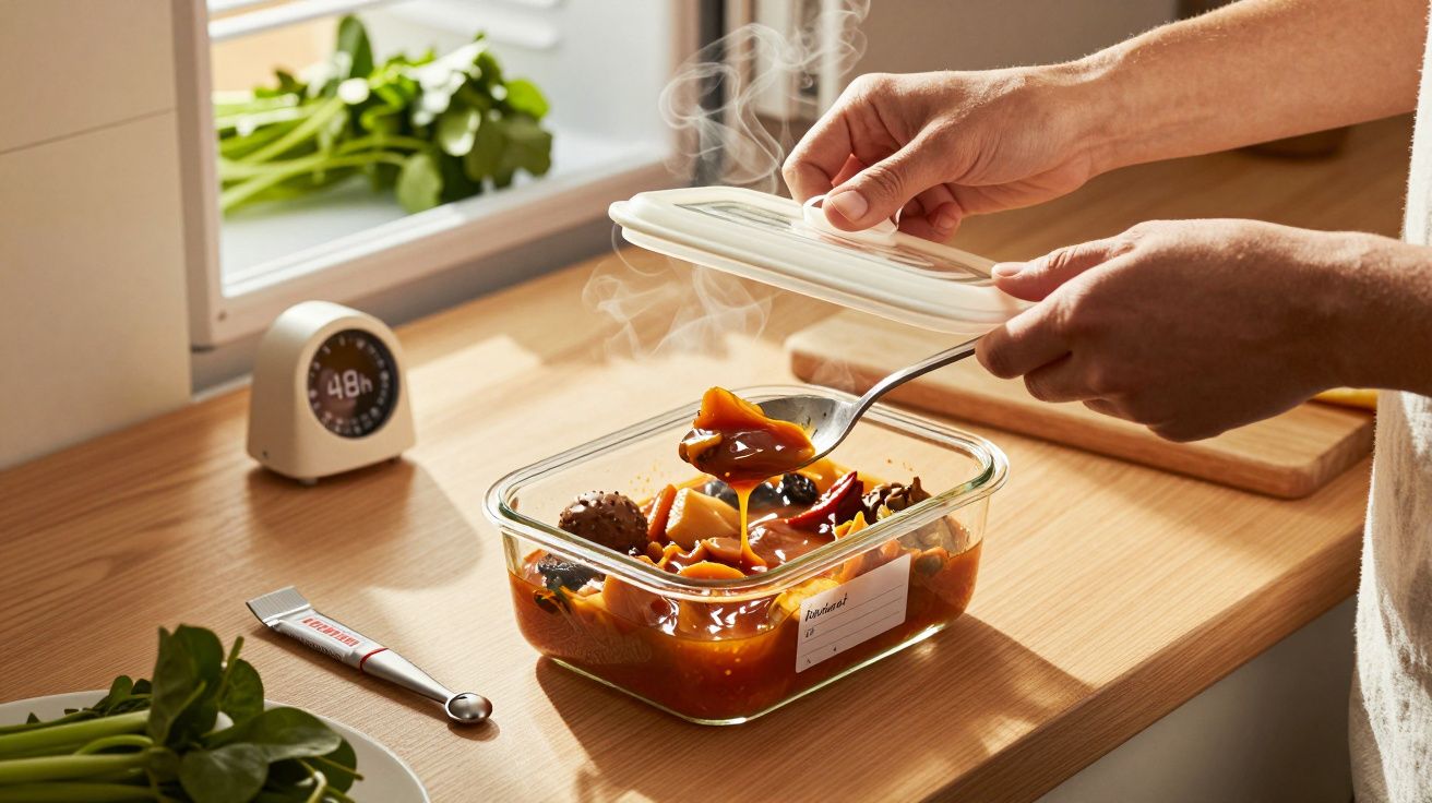 Osoba nakładająca jedzenie łyżką do szklanego pojemnika z duszonymi warzywami na drewnianym blacie.