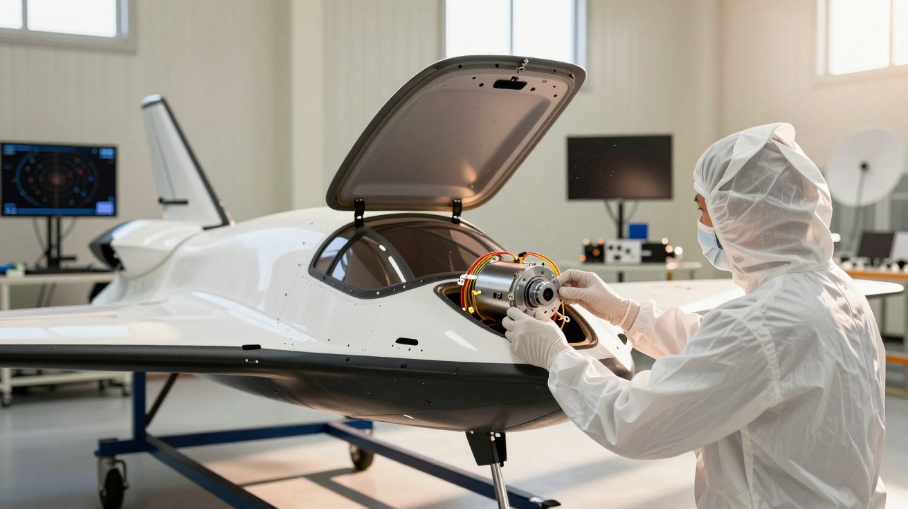 Osoba w białym kombinezonie ochronnym pracuje przy miniaturowym statku kosmicznym w laboratorium.
