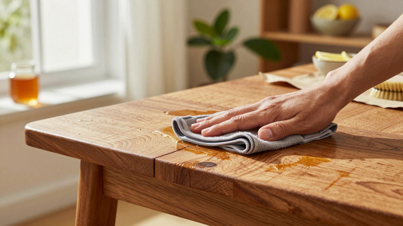 Ręka wycierająca drewniany stół szmatką, w tle rozmyty kubek z herbatą i cytrusy.